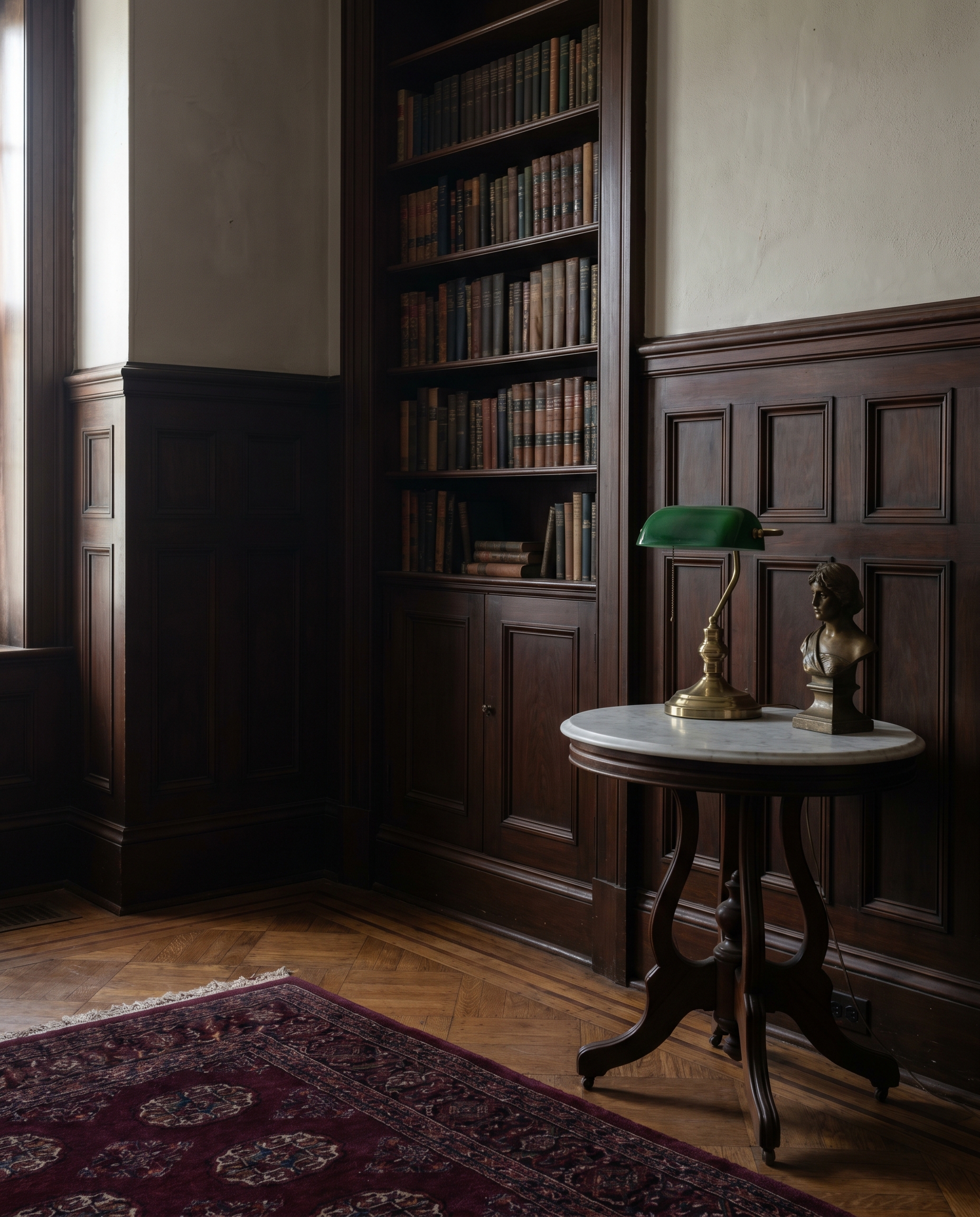 Interior parlor of Albright & Sons, with original walnut wainscoting and marble side tables